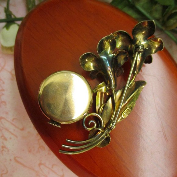 HARMAN Sterling Vermeil Mechanical Watch Brooch ~ 1930s Floral Wind Up Watch Pin - Picture 14 of 14